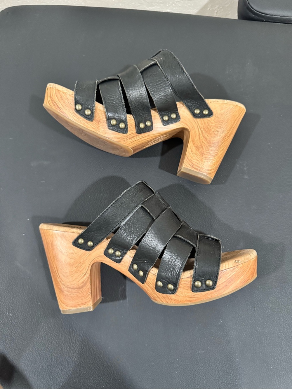 Kork-Ease Black Leather Strappy Wooden Clog Heels